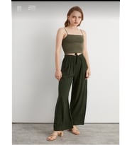 Kadın Haki Beli Lastikli Bol Paça Salaş Yazlık Pantolon