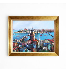 Tablore İstanbul Galata Kulesi Manzaralı Yağlı Boya Efektli Gold Çerçeveli Kanvas Tablo