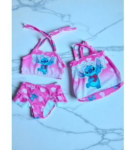 Kız Çocuk karakter Baskılı Eteği Fırfırlı- ip bağlamalı ÇANTA Mayo Bikini 3 lü Takım (A.Fuşya)