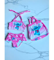 Kız Çocuk karakter Baskılı Eteği Fırfırlı- ip bağlamalı ÇANTA Mayo Bikini 3 lü Takım (A.Fuşya)
