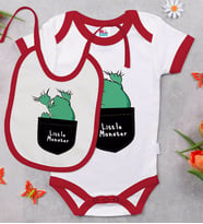 BK Kids Little Monster Tasarımlı Kırmızı Bebek Body Zıbın ve Mama Önlüğü Hediye Seti-1