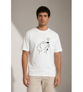 Erkek Köpek Figürlü Minimal Baskılı Tişört Kısa Kol Yazlık T-Shirt - Beyaz