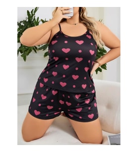 Arias Closet Büyük Beden Siyah Kalp Desen İnce Askılı Pamuklu Şortlu Pijama Takımı