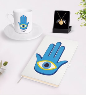 BK Gift Kişiye Özel Nazar Temalı Beyaz Defter Türk Kahvesi Fincanı ve Açılan Nazar Kolye Hediye Seti-3 (Model 1)