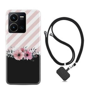 Vivo Y35 Kılıf Resimli Boyun Askılı İpli Desenli Silikon Strip Pink Flowers 1396