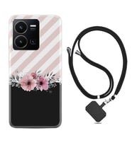 Vivo Y35 Kılıf Resimli Boyun Askılı İpli Desenli Silikon Strip Pink Flowers 1396