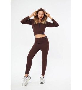 Lesa Wear Fitilli Kapüşonlu Içi Polarlı Yumaşacık Şardonlu Kaşkorse Crop Sweatshirt (Kahverengi)
