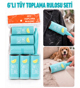 6’lı Tüy Toplama Rulosu Seti, Saplı Yapışkanlı Kedi Köpek Tüyü ve Toz Temizleme Rulosu