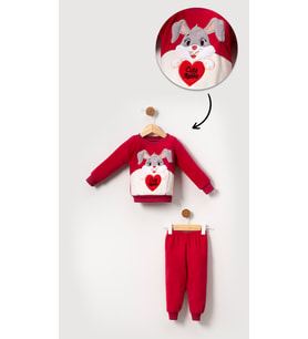 Tavşan Görselli Kız Bebek & Çocuk Polar Kışlık Alt Üst Takım-Kırmızı