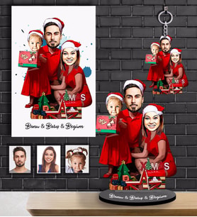 Kişiye Özel Yılbaşı Aile Karikatürlü 3 lü Hediye Seti Model-2