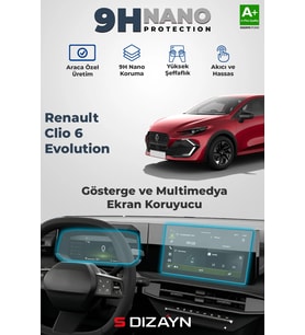 S-Dizayn Renault Clio 6 Evolution 9H Gösterge ve Multimedya Ekran Koruyucu 2026 Üzeri A+ Kalite