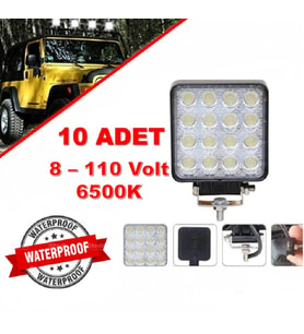 10 Adet Off Road Sis Farı Lambası 16 Led 48Watt Kare Çalışma Lambası