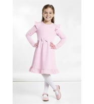 Kız Çocuk Elbise -Fırfır Omuzlu-Fiyonk Detaylı 2-10 Yaş 12531 MODANINO (Pembe)