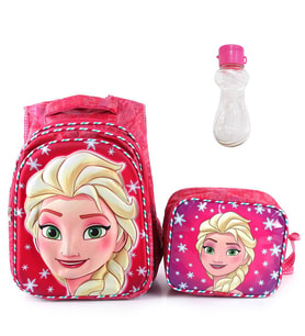 Pembe Kumaş Çizgi Desenli Elsa Çanta + Beslenme + Suluk - Okul Çantası - Frozen Çanta (Karışık)