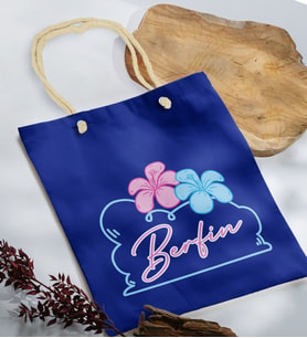BK Gift Kişiye Özel Yaz Temalı İsimli Saks Mavi Halat Saplı Kumaş Plaj Çantası -4, Baskılı Omuz Çantası, Alışveriş Çantası, Arkadaşa Hediye, Sevgiliye Hediye