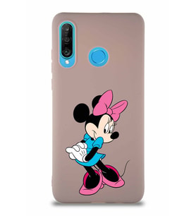 Huawei P30 Lite Soft Premier Kapak Minnie Mouse-F Tasarımlı Silikon Kılıf - Pudra (Şeffaf)