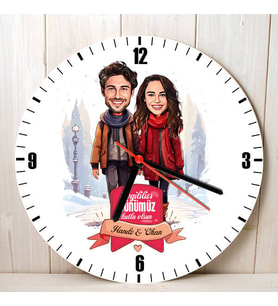 Sevgiliye Hediye Kişiye Özel Karda Yürüyüş ve Aşkımız Karikatürlü Duvar Saati