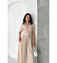 kadın bej gömlek yaka kemerli geniş paça tulum NBK4197