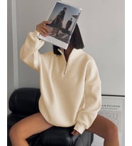 Yarım Fermuarlı Üç İplik Sweatshirt - Bej