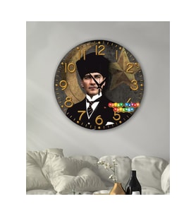 Ahşap Atatürk temalı RETRO TASARIM Dekoratif duvar Saati dijital uv baskı (Çok Renkli)