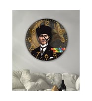 Ahşap Atatürk temalı RETRO TASARIM Dekoratif duvar Saati dijital uv baskı (Çok Renkli)