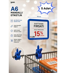 5 Adet - A6 Fiyatlık Mandallı Etiketlik Sepet Raf Askılık Fiyat Etiketi Çerçeveli Market Mağaza Mavi