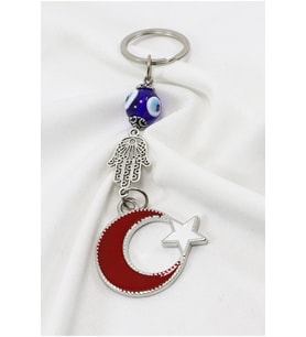 El Yapımı Cam Nazar Boncuklu Hamse Ay Yıldız Anahtarlık, Hediyelik Anahtarlık