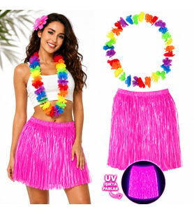 Neon Pembe Hawaii Etek 40 cm ve Rengarenk Hawaii Kolye