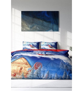 Yılbaşı Çift Kişilik Nevresim ( Lastikli Çarşaflı ) %100 Pamuk Saten Blue Snow