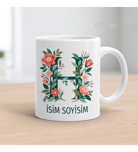 Kişiye Özel Baş Harf ve İsim Yazılı Çiçek Motifli H Harfli Seramik Kupa Bardak