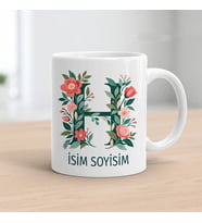 Kişiye Özel Baş Harf ve İsim Yazılı Çiçek Motifli H Harfli Seramik Kupa Bardak