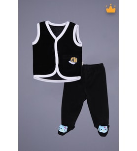 Babyhola Kadife Yelek Patikli Pantolon Unisex Bebek 2'li Set Siyah (Lacivert)