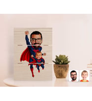 BK Gift Kişiye Özel Süper Baba ve Çocuk Karikatürlü Otantik Masaüstü Ahşap Palet Çerçeve (Beyaz)