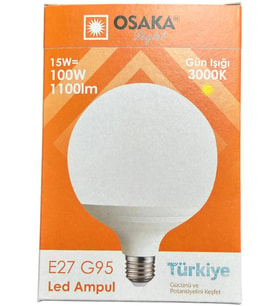 Osaka 15W (100W) 3000K (Günışığı) E27 Duylu G95 Led Glop Ampul