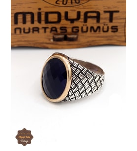 Safir Taşlı Hasır Motifli 925 Ayar Gümüş Erkek Yüzük 201024926