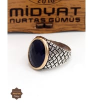 Safir Taşlı Hasır Motifli 925 Ayar Gümüş Erkek Yüzük 201024926
