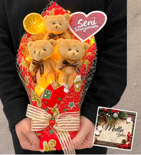 Yılbaşı Hediyesi Buket Seni Seviyorum Led Işıklı Büyük Boy Kahve Peluş Ayıcık Buketi (Kırmızı)
