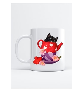Fincan Ve Siyah Kedi Baskılı Porselen Kupa Bardak