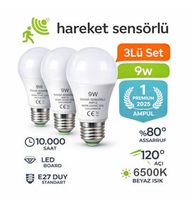 Hareket Sensörlü Led Lamba 3 Adet Let Ampül Beyaz Işık 9w %80 Tasarruflu Otomatik Yanıp Söner