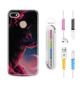General Mobile GM8 Go GM9 GM20 Pro Plus Kılıf Kablo Koruma Spiral Silikon Wolf and Moon 1380