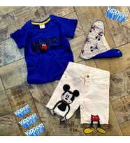 MODAVALS MICKEY APLİKELİ DERİ DETAYLI BOYUNLUKLU BEYAZ KOT ŞORTLU ERKEK ÇOCUK TAKIM - MAVİ