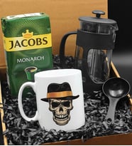 Özel Tasarımlı Şapkalı Kuru Kafa Kupa & French Press & 250 Gram Jacobs Monarch Filtre Kahve Hediye Seti