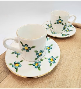 Turkuaz mini çiçek  desen el yapımı  kahve fincanı 2'li takım