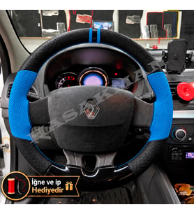 Renault Scenic 3 Dikme Direksiyon Kılıfı Delikli Deri Parlak Siyah Mavi Detay Çift Yüzük ve Dikiş 2009-2016