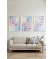 Holografik Pastel Kelebekler ve Modern Soyut Dokunuşlar 3’lü Ahşap Çerçeveli Tablo Seti
