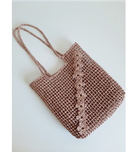 Elchandmade Tığ İşi Örgü Parlak Roze İç Çantalı Çiçekli File Çanta (Rose Gold Altın)