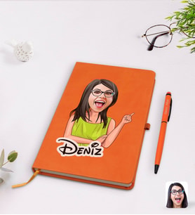 BK Gift Kişiye Özel Kadın Karikatürlü Turuncu Termo Deri Defter Kalem Seti Model 19