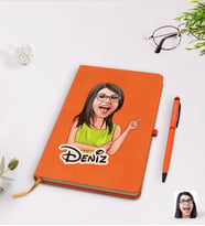 BK Gift Kişiye Özel Kadın Karikatürlü Turuncu Termo Deri Defter Kalem Seti Model 19