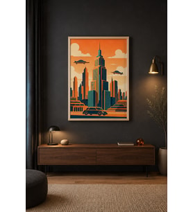 Retro Şehir Gün Batımında Skyline Ahşap Çerçeveli Duvar Tablosu