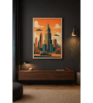 Retro Şehir Gün Batımında Skyline Ahşap Çerçeveli Duvar Tablosu